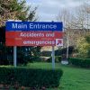 Hospital main entrance sign to A&E