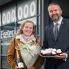 Exeter Airport managing director Matt Roach with millionth passenger Lily Harris.