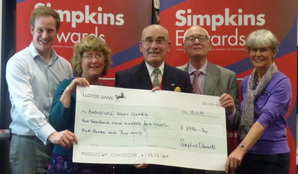 Picture shows (left to right): l-r) James Welton, Partner at Simpkins Edwards; Geoff Goldsworthy of Age Concern; Jan Marshall of See Hear Centre; Mayor of Barnstaple Cllr Alan Rennles; Colin Brown of See Hear Centre; Louise Lecky-Thompson, Civic and Ceremonial Manager for the Mayor’s office; Jilly Watson, Partner at Simpkins Edwards.