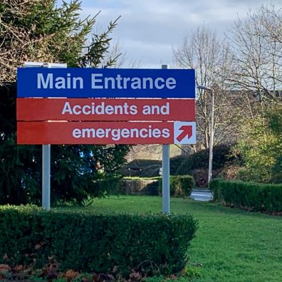 Hospital main entrance sign to A&E