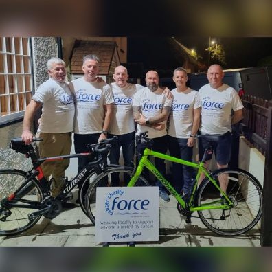 The Exeter to Ipswich cycle team (left to right): Steve Sandiford, Paul Reed, Lee Barrow, support vehicle driver Simon Courtney, Pete Jeffery and Terry Wheatley.