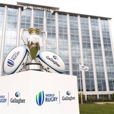 rugby World Cup balls outside office building