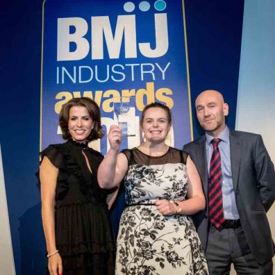  Sarah Daniel from RGB Building Supplies receiving the Independent Rising Star of the Year Award at the BMJ Industry Awards. From LtoR: Natasha Kaplinsky OBE, Sarah Daniel, and a representative from H+H which sponsored the award.